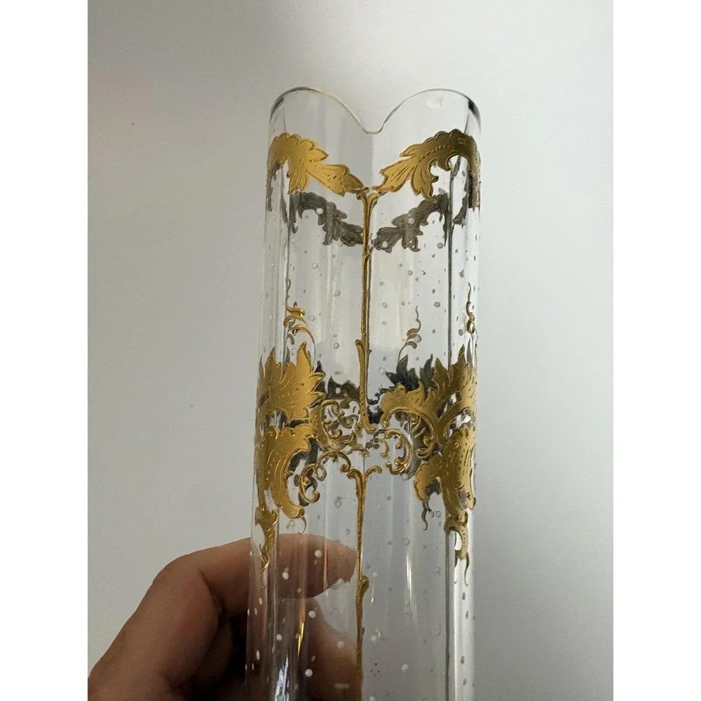 Antique Bohemian Art Glass Vase Raised Gold Gilt Enamel Quatrefoil Bubbles 7 In